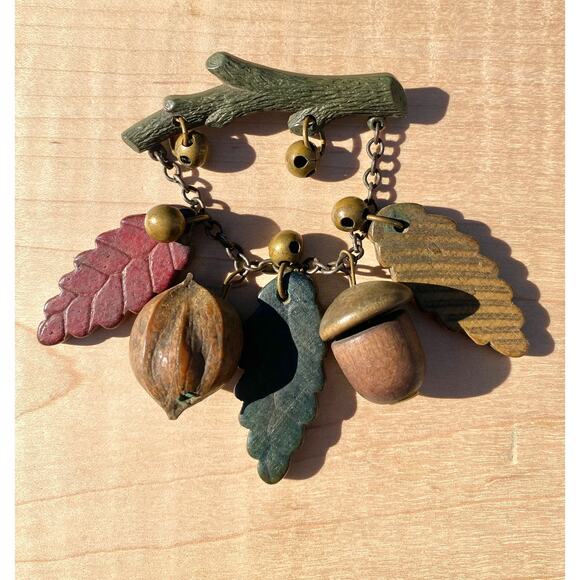 Vintage Carved Wood Nature Brooch Nuts Leaves Branches Nature Lover
